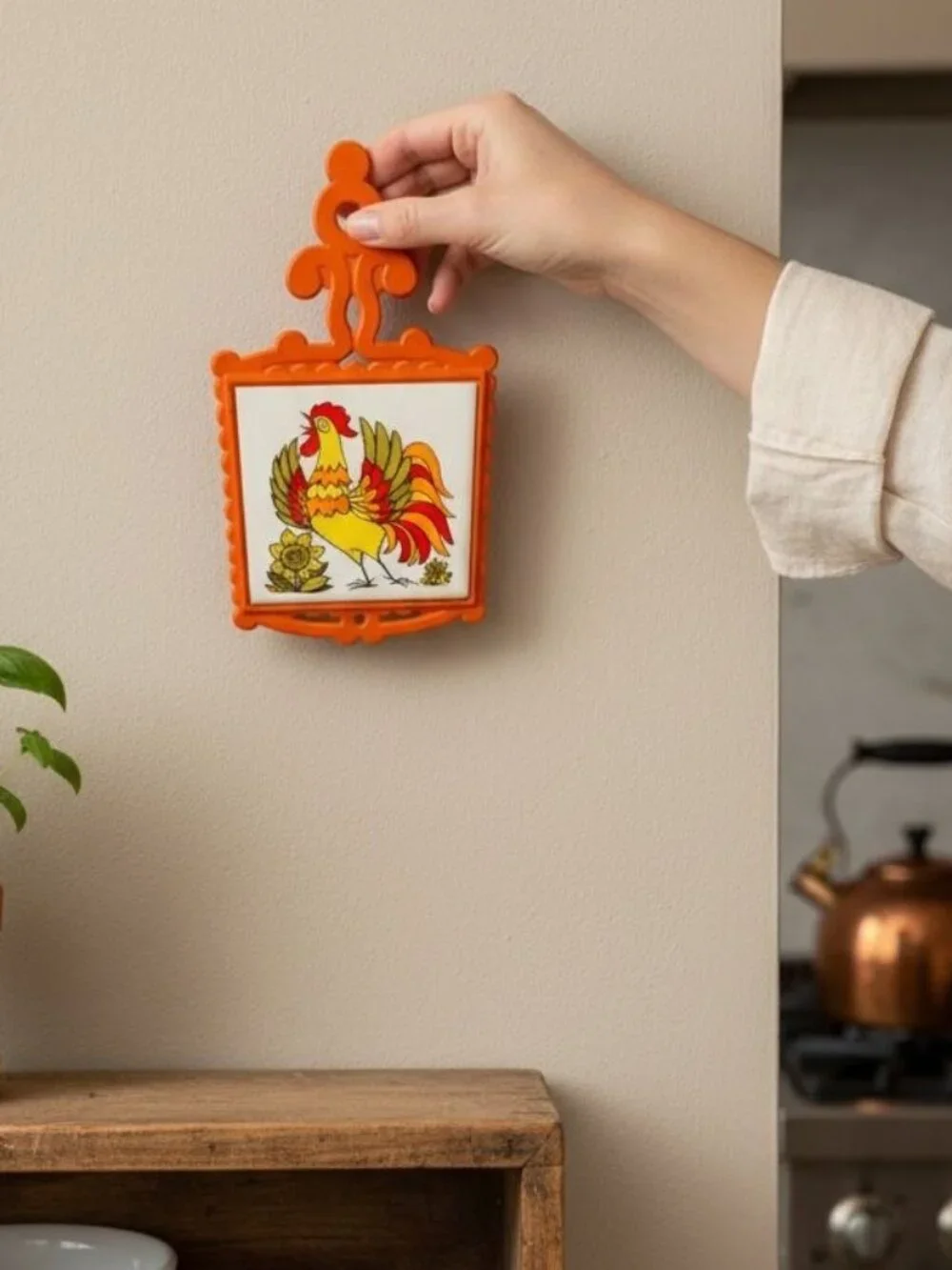 Vintage Cherry Cast Iron Trivet With Rooster Design - Ornate Orange Frame